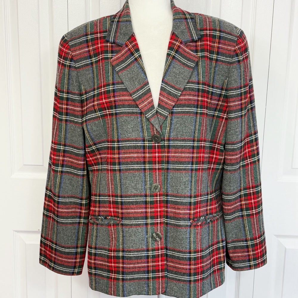 Vintage Susan Bristol Gray & Red Plaid Tartan Merino Wool Blazer 14